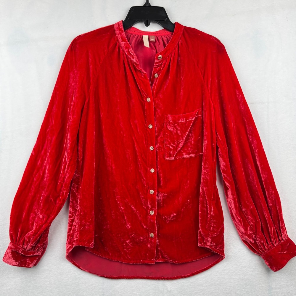 Pilcro Red Velvet Button-Down Shirt Top Women's‎ Size S Long Sleeve Pocket